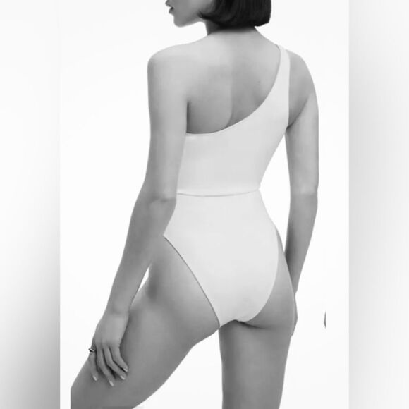 GOOD AMERICAN Scuba One Shoulder High Cut Thigh One Piece Swimsuit Blk SZ 1 NWT - Picture 4 of 9